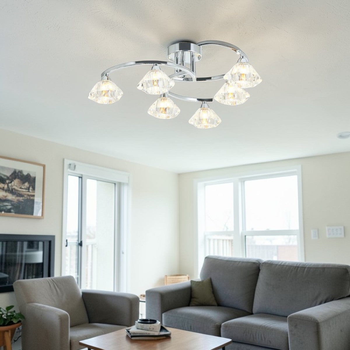 Celeste Wave 6-Light Chrome Semi-Flush Ceiling Fixture with Crystal Glass Shades