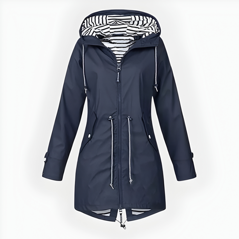 Women's Long Hooded Rain Jacket with Adjustable Hood and Breathable Waterproof Fabric
