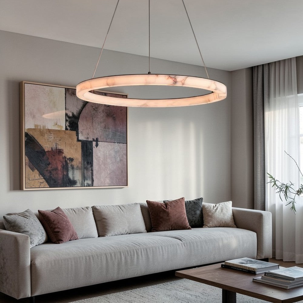 Lumière Halo Marble LED Ring Chandelier 39" Warm White, Modern Living Room Ceiling Lights