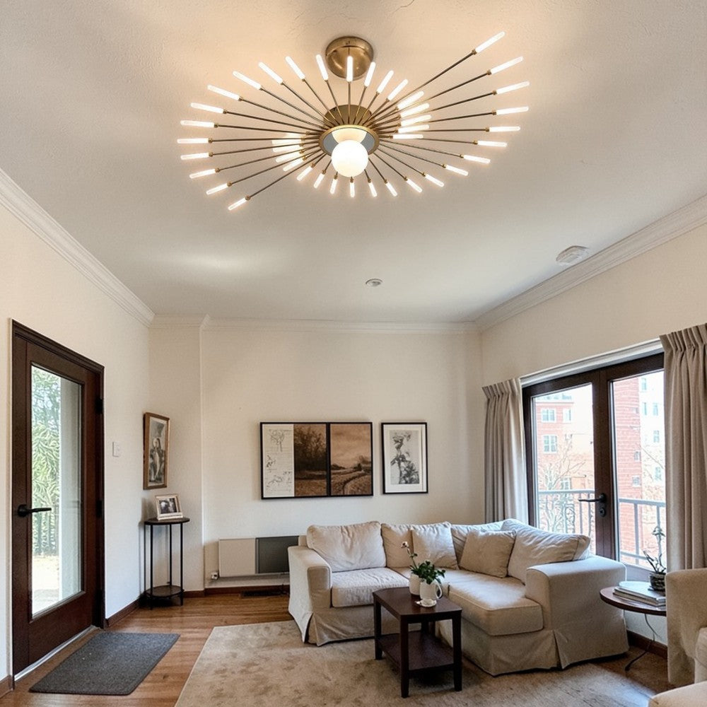 Radiant Starburst LED Semi-Flush Ceiling Light 50" Gold Finish, Modern Living Room Ceiling Lights
