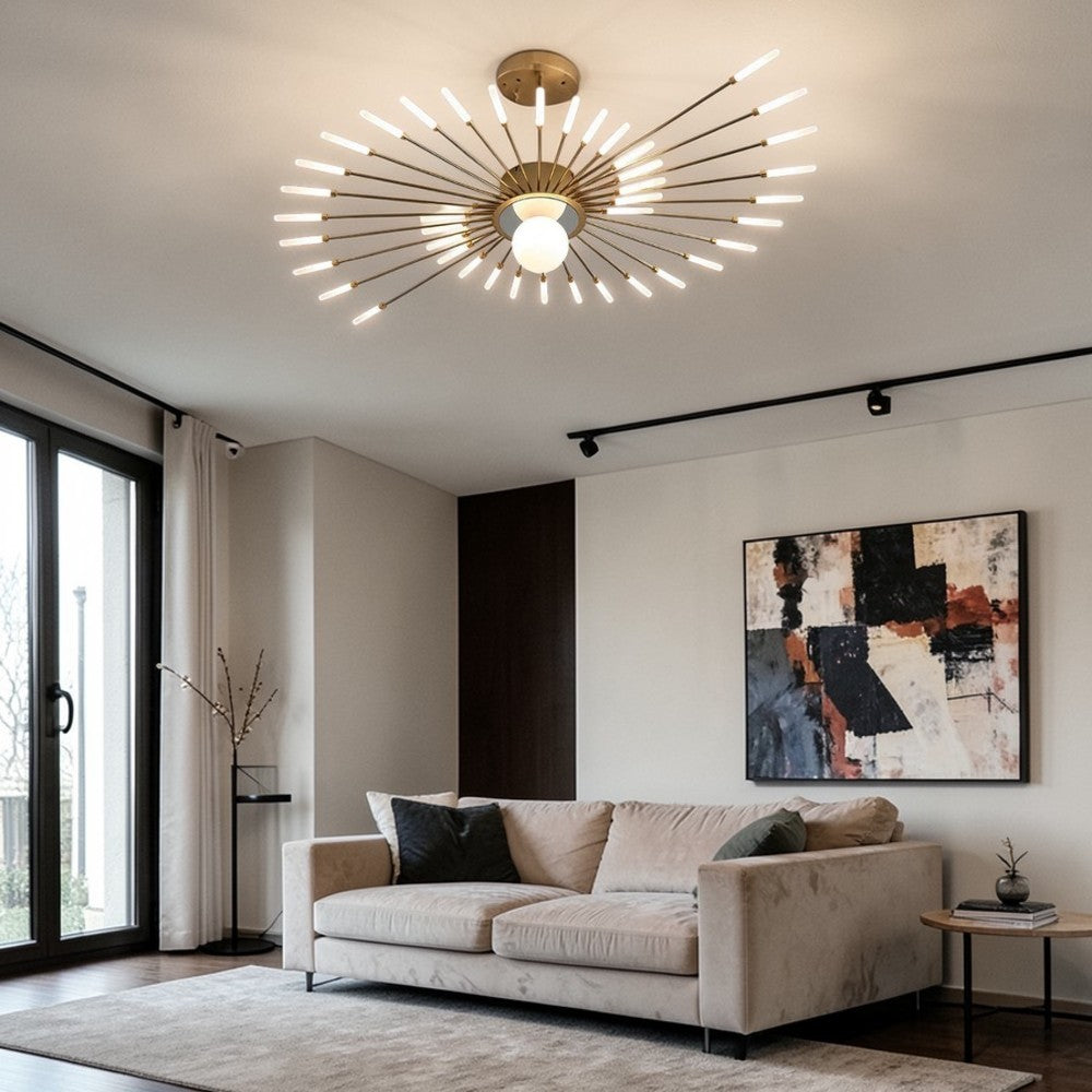 Radiant Starburst LED Semi-Flush Ceiling Light 50" Gold Finish, Modern Living Room Ceiling Lights