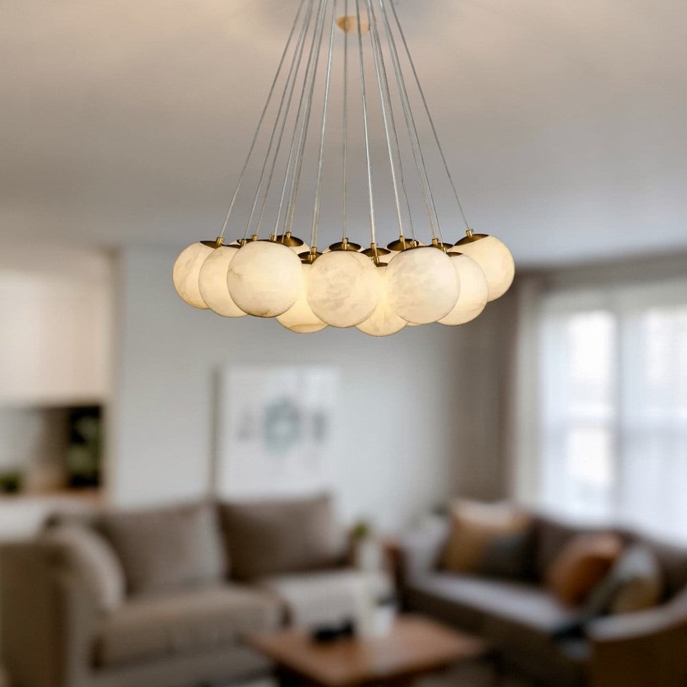 Aurora Cluster Marble Globe Chandelier, Light Gold Finish, Living Room Ceiling Lights