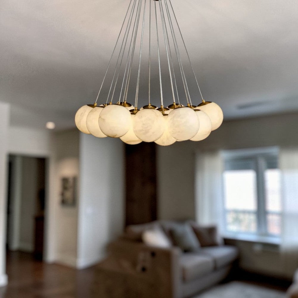 Aurora Cluster Marble Globe Chandelier, Light Gold Finish, Living Room Ceiling Lights