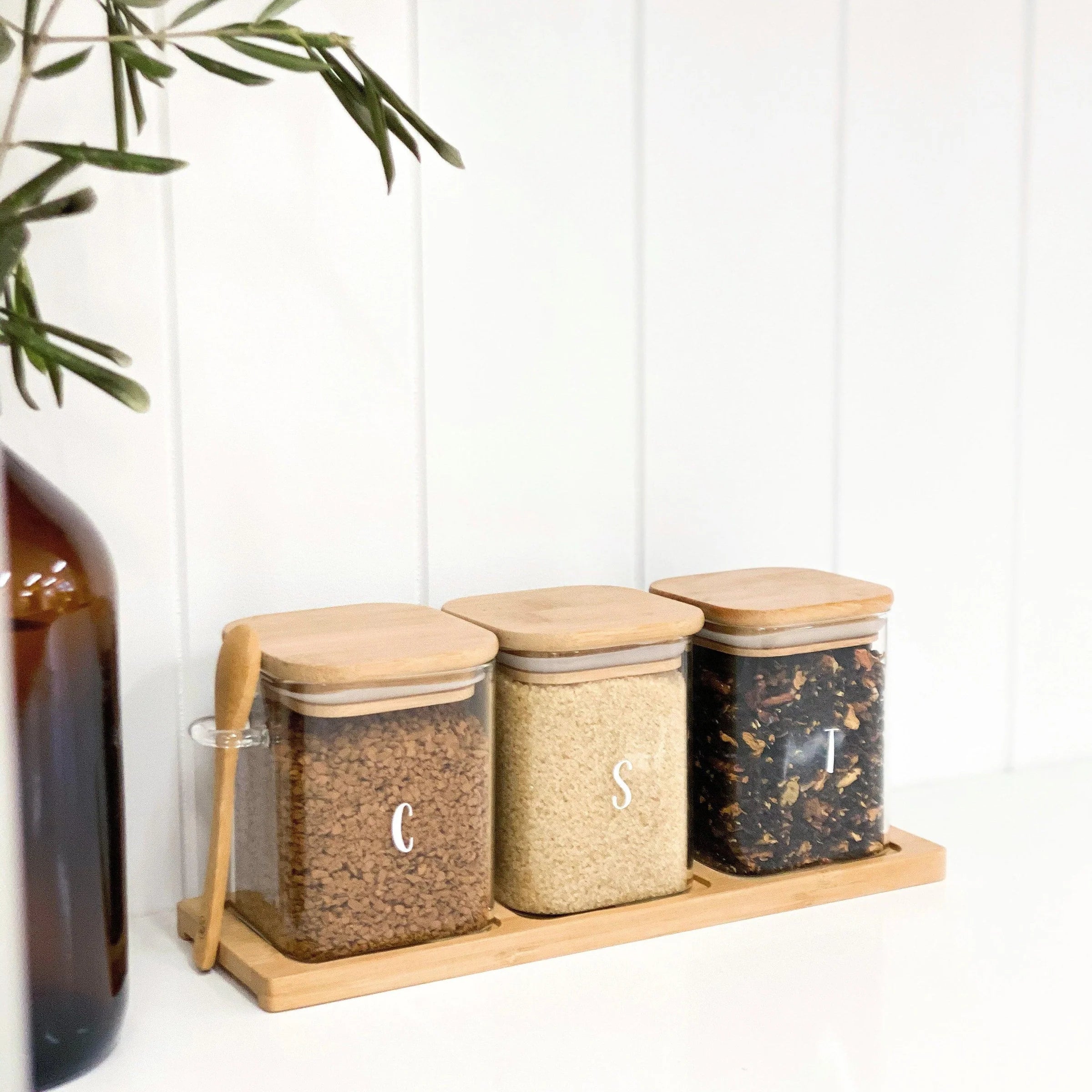 Modern Bamboo Glass Storage Jar Set 3-Piece with Tray & Spoon 17 oz Each, Kitchen Accessories