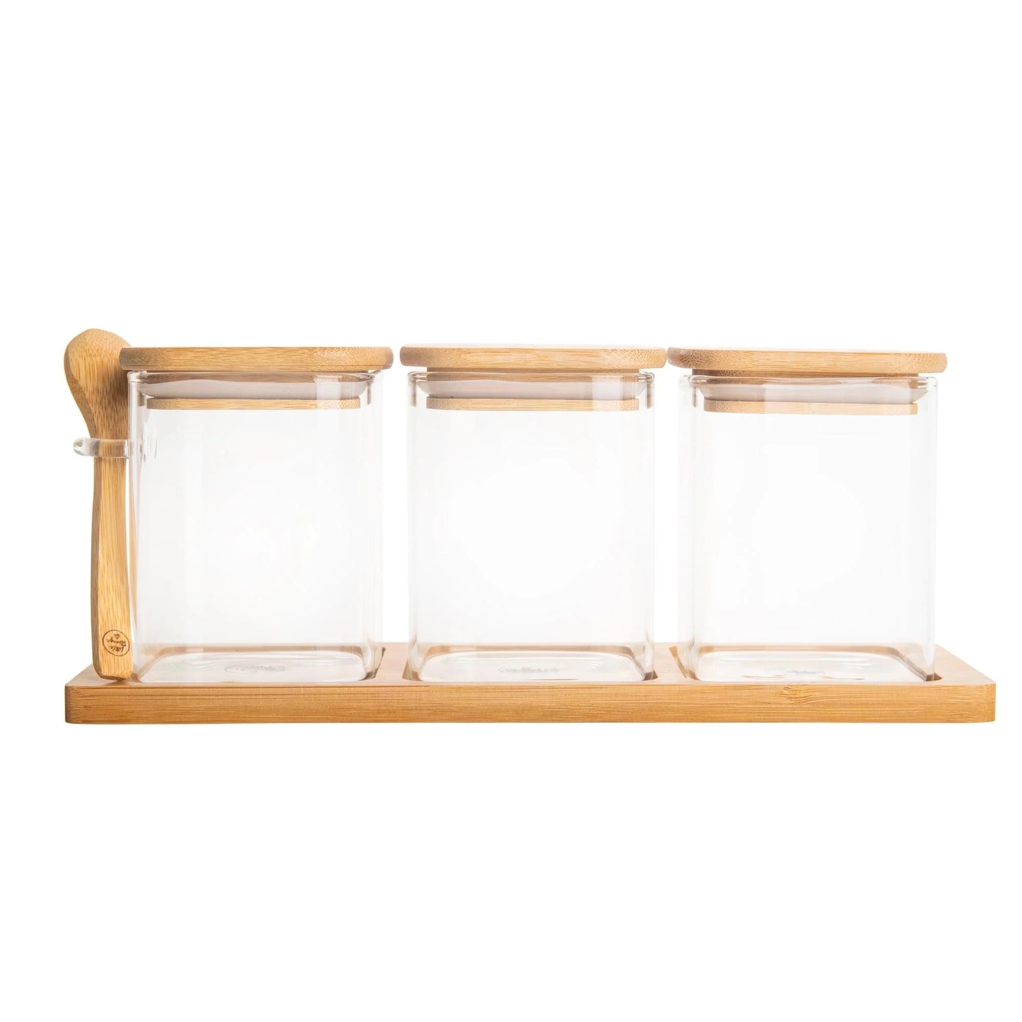 Modern Bamboo Glass Storage Jar Set 3-Piece with Tray & Spoon 17 oz Each, Kitchen Accessories