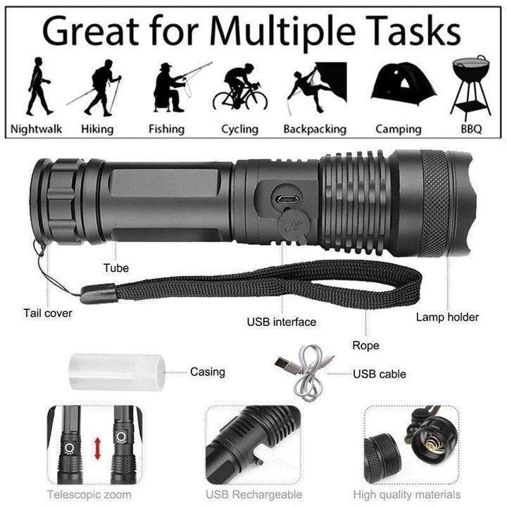 Rechargeable Flashlight with Telescopic Zoom Lens and 90,000 Lumens, IPX6 Water Resistant