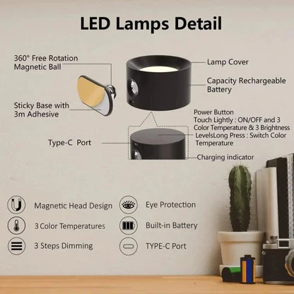 LED Wall Lamp with Touch Control and Adjustable Rotation, 3 Color Modes