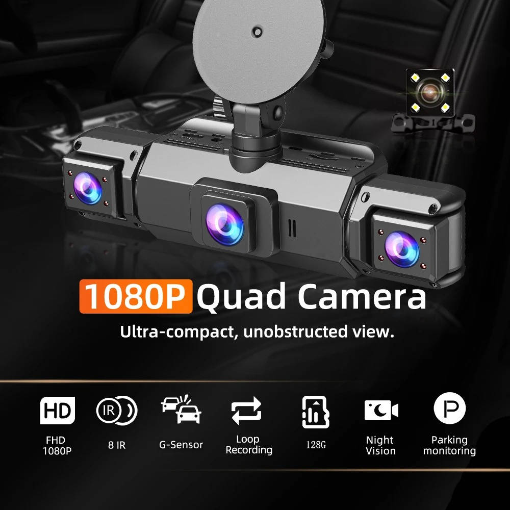 Four Camera Dash Cam System with Infrared Night Vision and Motion Detection