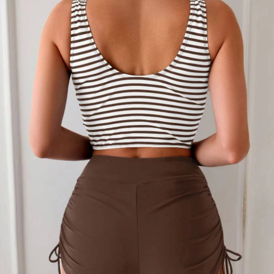 High Waisted Tankini Swimsuit with Twist Front Top and Tie Side Bottoms, Navy Stripe