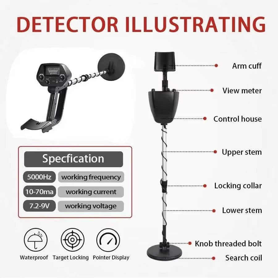 Metal Detector with Dual Detection Modes and Waterproof Search Coil, Adjustable Height