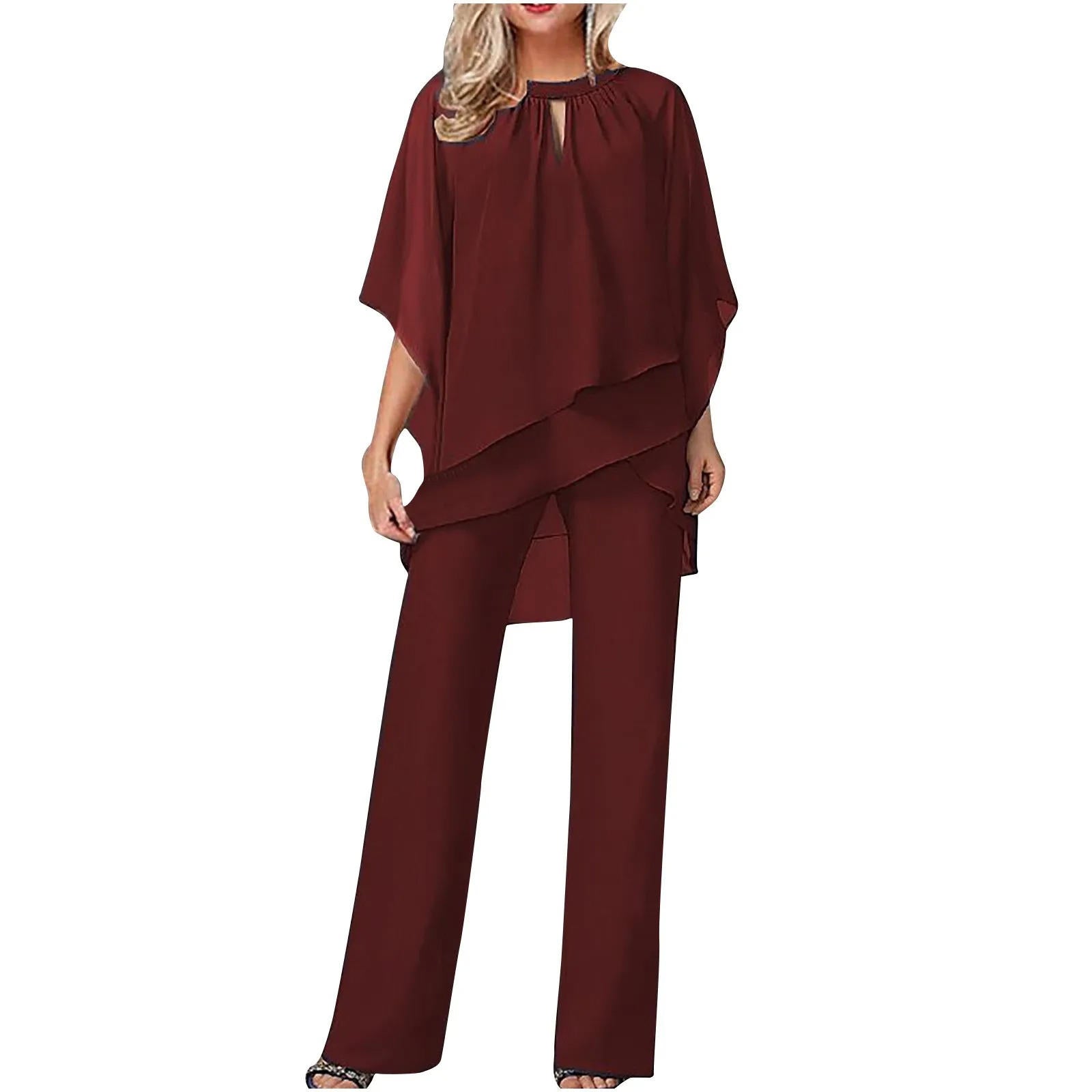 Chiffon Pantsuit with Wing Shaped Sleeves and Relaxed Fit, Machine Washable