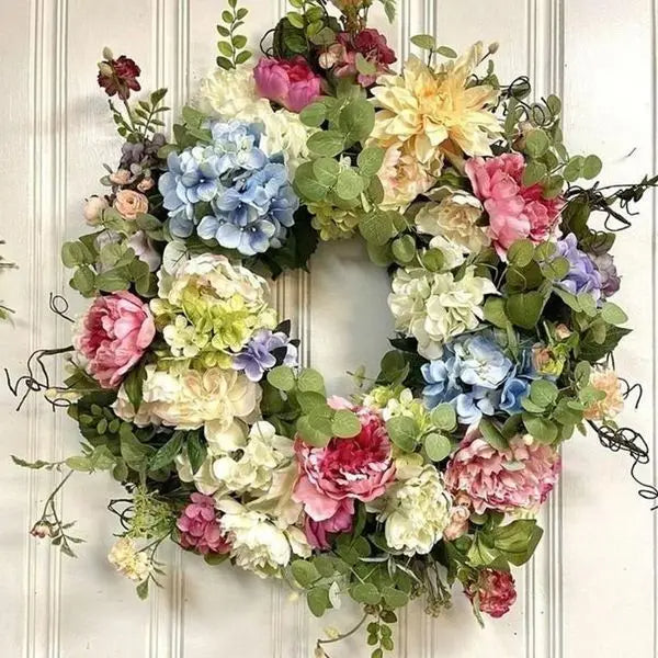 Multicolor Hydrangea Wreath with Synthetic Petals and Hanging Loop, 35cm