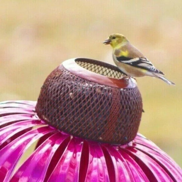 Metal Coneflower Bird Feeder with Wide Dish and Weather Resistant Design
