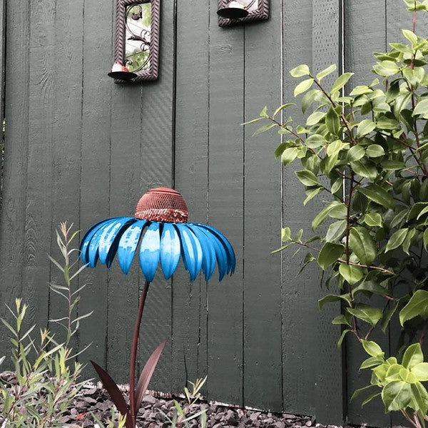 Metal Coneflower Bird Feeder with Wide Dish and Weather Resistant Design