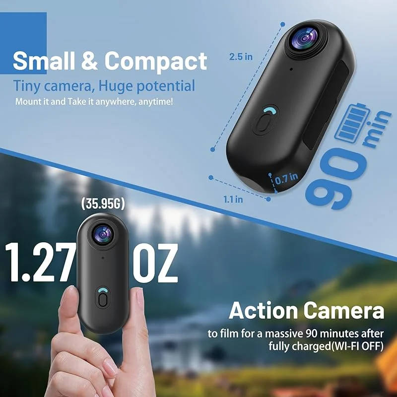 4K Compact Action Camera with 360 Rotating Clip and 7 Mount Accessories