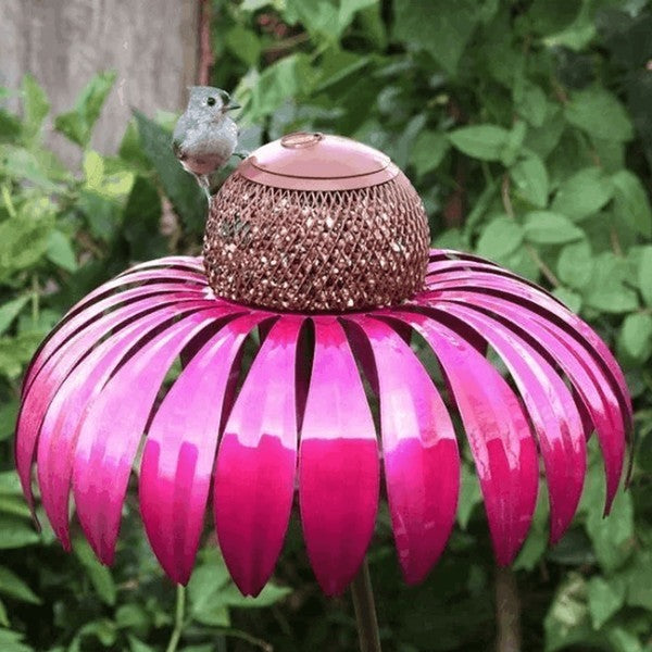 Metal Coneflower Bird Feeder with Wide Dish and Weather Resistant Design