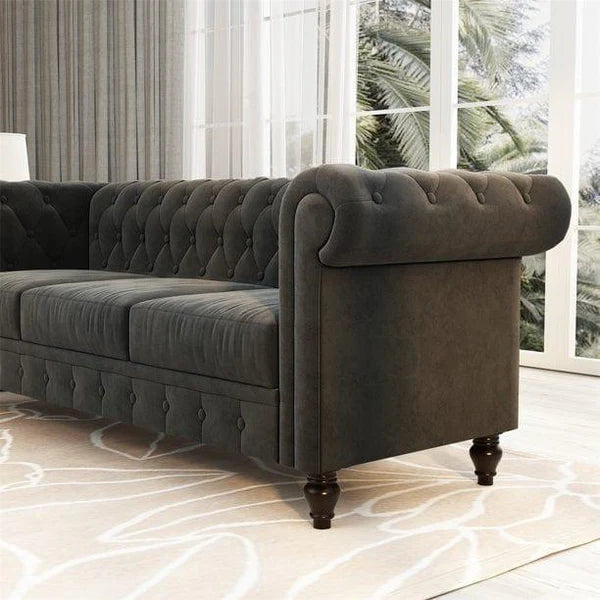 UrbanElegance Chesterfield Velvet Sofa Dark Gray with Tufted Back, 3-Seater Living Room Sofas