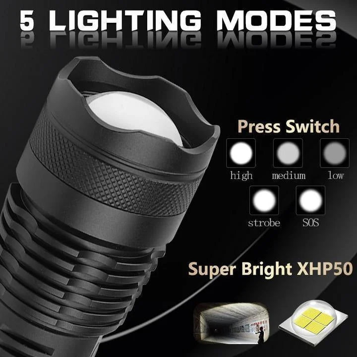Rechargeable Flashlight with Telescopic Zoom Lens and 90,000 Lumens, IPX6 Water Resistant