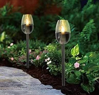 EmberGlow Solar Flame Torch Stake Lights 12" Stainless Steel 4-Pack, Outdoor Garden Lighting