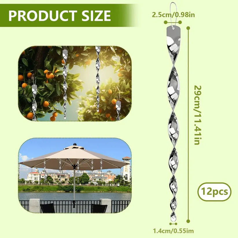 Reflective Spiral Bird Deterrent Rod with Wind-Powered Rotation and Silver Finish