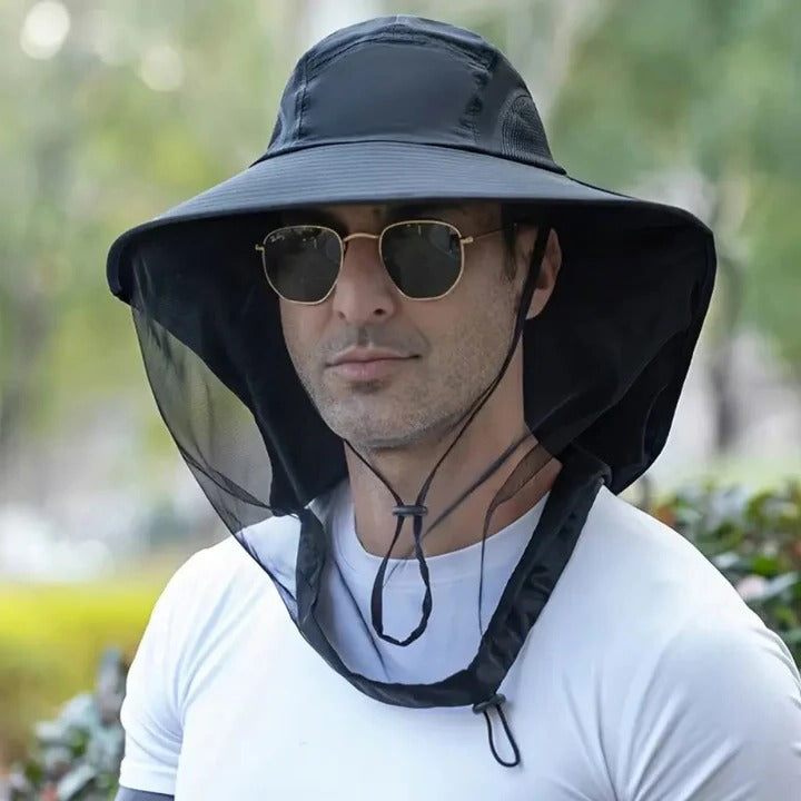 Wide Brim Outdoor Hat with Detachable Mask and Mesh Ventilation, Foldable Design