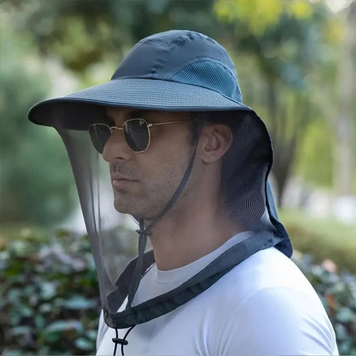 Wide Brim Outdoor Hat with Detachable Mask and Mesh Ventilation, Foldable Design