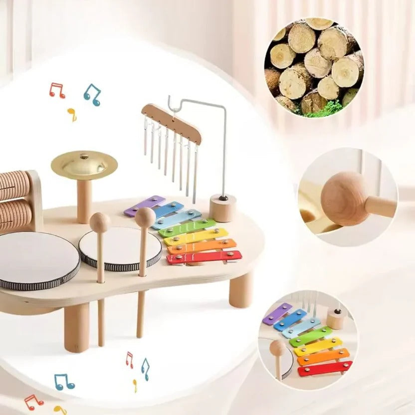 Wooden Drum Kit with 8-Note Xylophone and Brass Cymbal for Toddlers