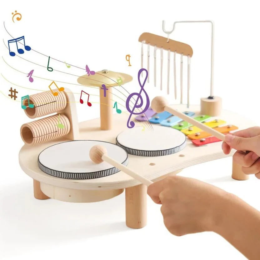 Wooden Drum Kit with 8-Note Xylophone and Brass Cymbal for Toddlers