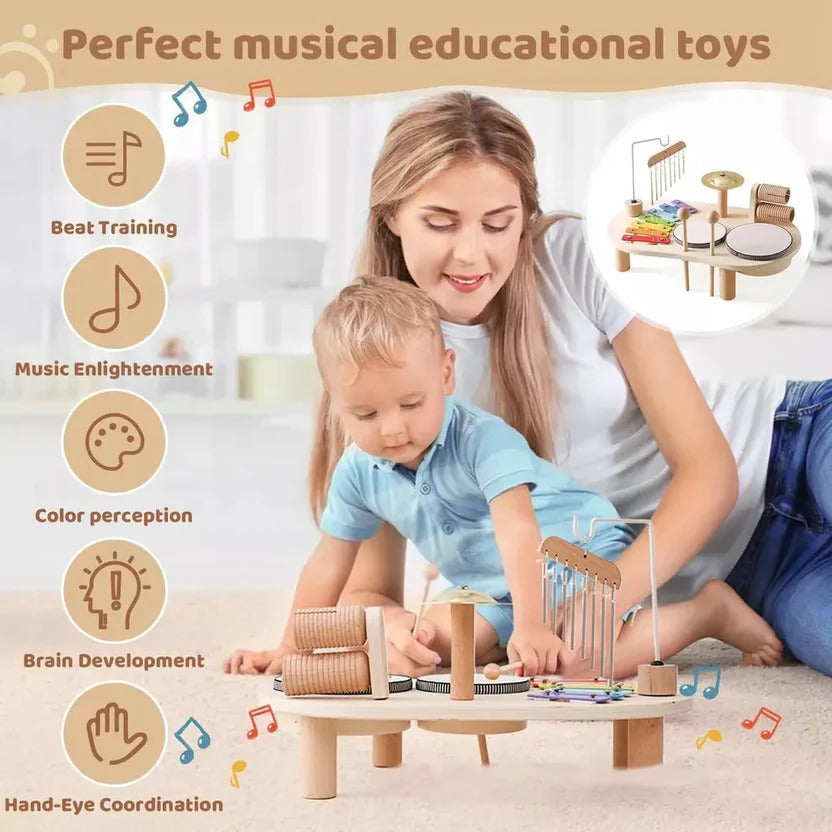 Wooden Drum Kit with 8-Note Xylophone and Brass Cymbal for Toddlers