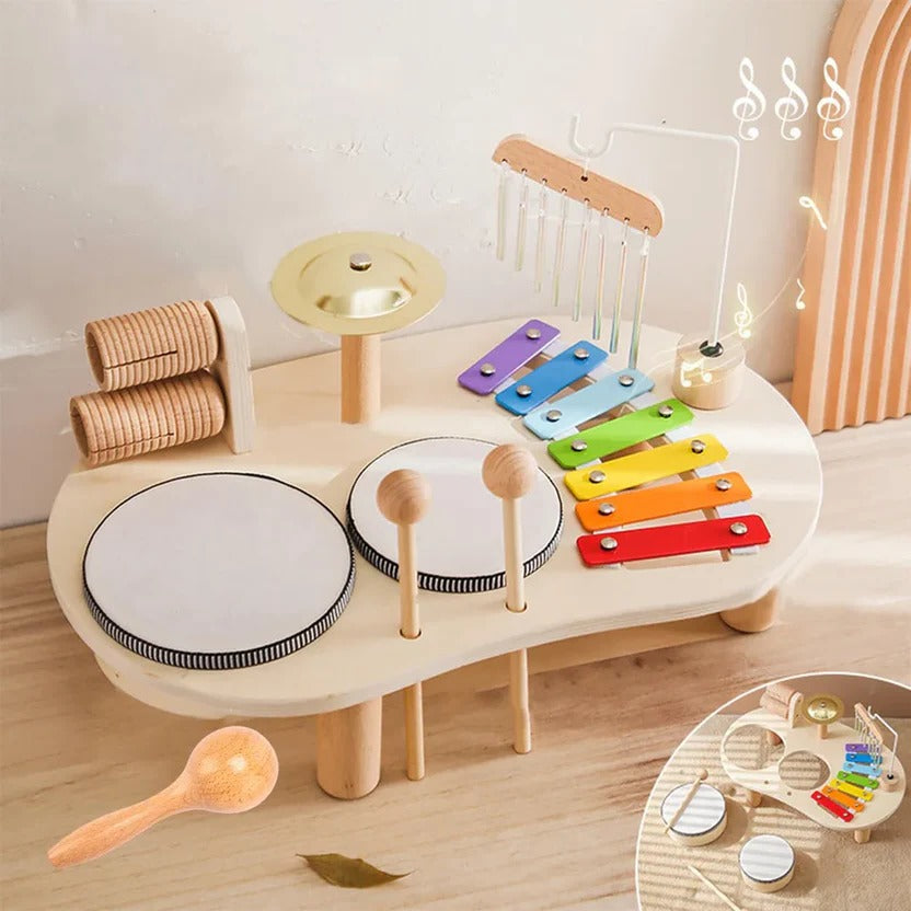 Wooden Drum Kit with 8-Note Xylophone and Brass Cymbal for Toddlers