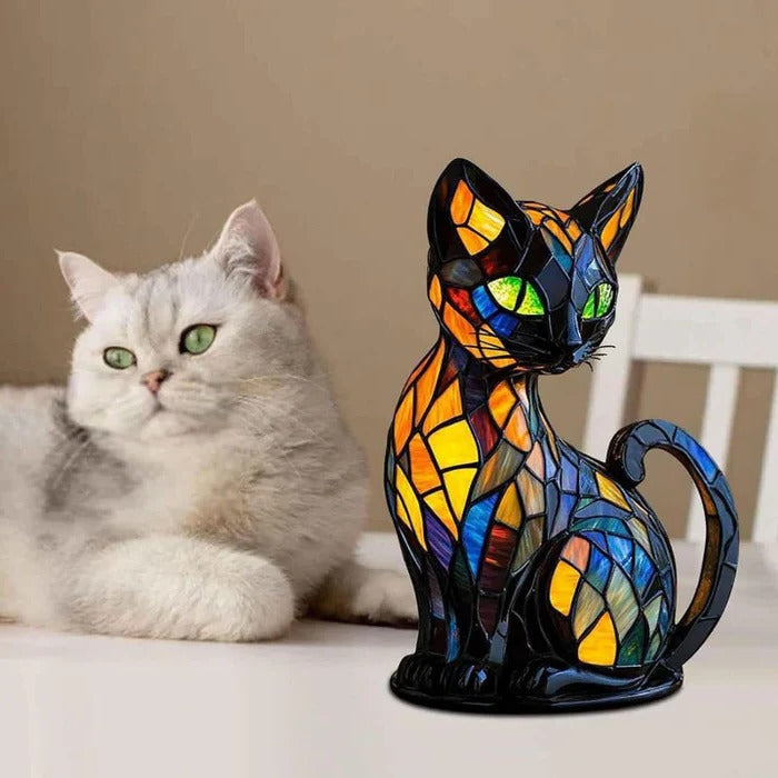 Decorative Cat Table Lamp with Stained Glass Design and LED Bulb