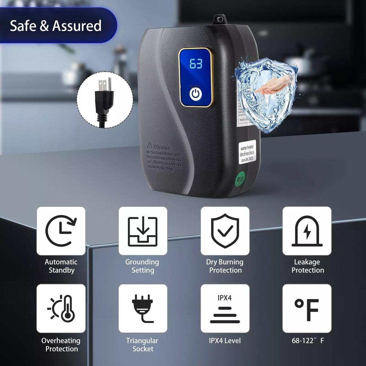 Electric Tankless Water Heater with Digital Temperature Control and Instant 5-Second Heating