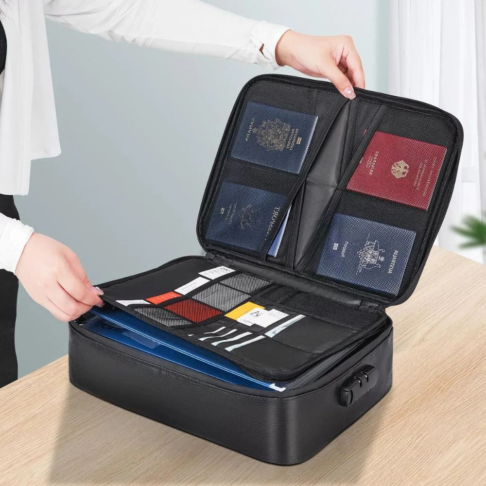 Fire and Water Resistant Document Bag with Lock and Triple Compartments