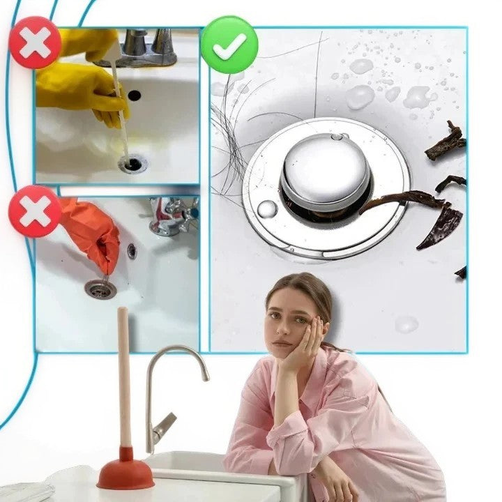 Pop Up Sink Stopper with Dual Layer Silicone Seal and Built-In Strainer Basket