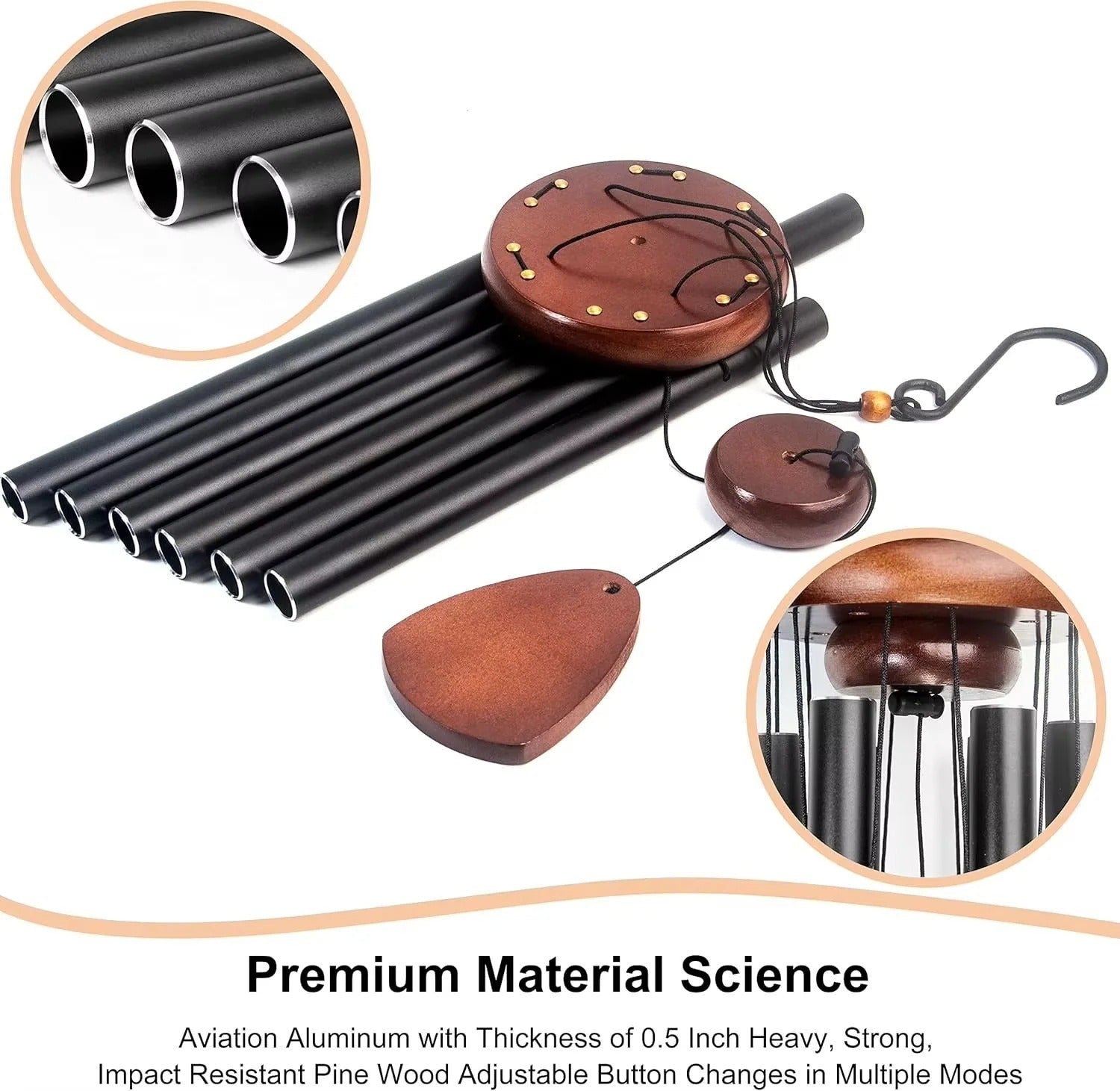 Aluminum Tube Wind Chime with Wooden Top Mount and Weather Resistant Design