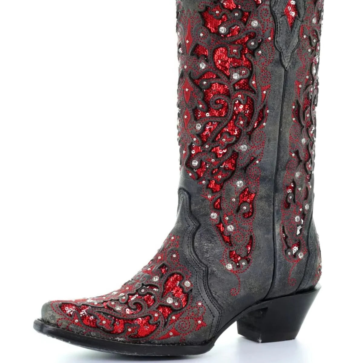 Sequined Knee High Boots with Pointed Toe and Block Heel, Color Block Embroidery