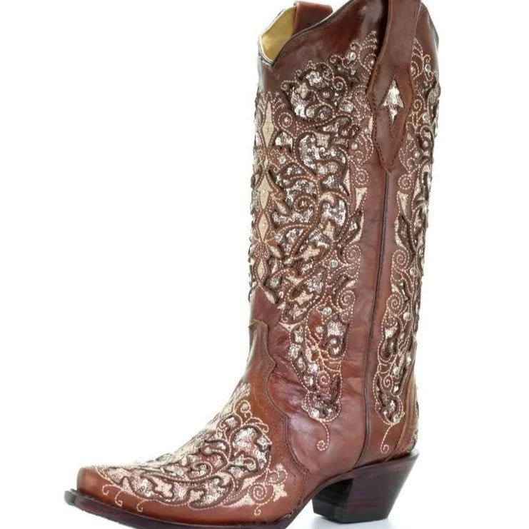 Sequined Knee High Boots with Pointed Toe and Block Heel, Color Block Embroidery