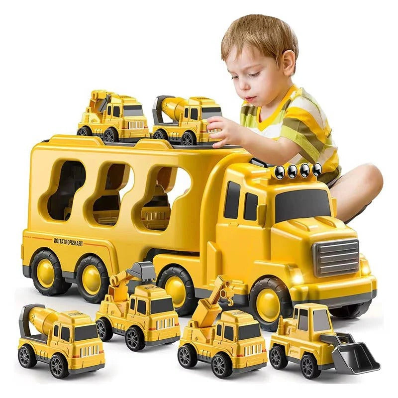 Friction Powered Construction Carrier with 4 Trucks and Lights, Foldable Ramp