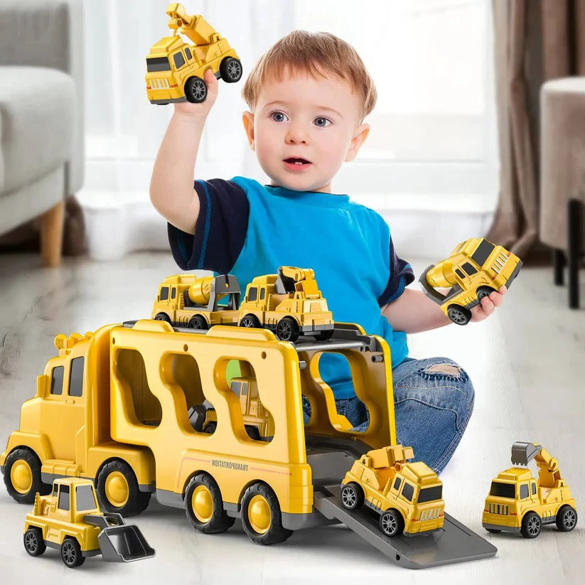 Friction Powered Construction Carrier with 4 Trucks and Lights, Foldable Ramp