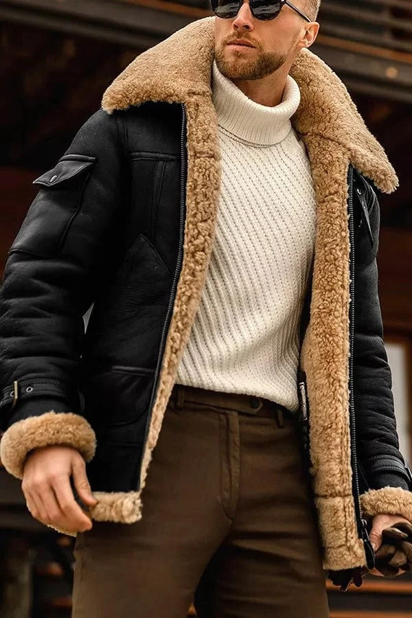 Genuine Sheepskin Leather Jacket with Internal Lining and Hand Pockets for Men