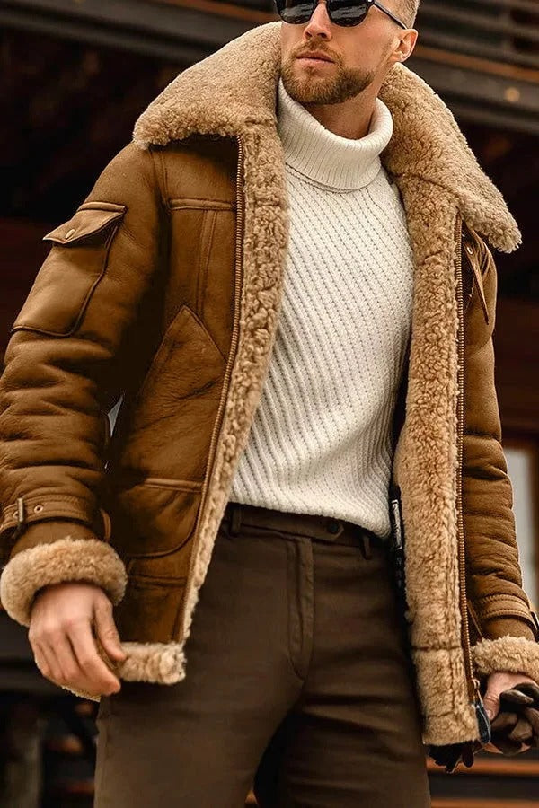 Genuine Sheepskin Leather Jacket with Internal Lining and Hand Pockets for Men