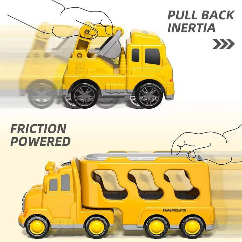 Friction Powered Construction Carrier with 4 Trucks and Lights, Foldable Ramp