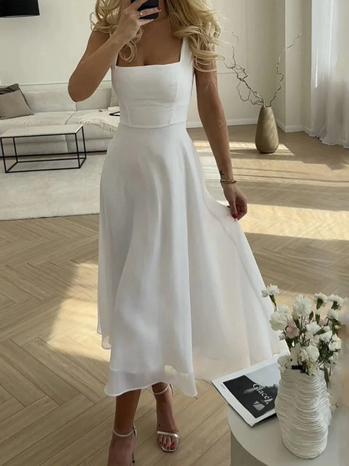 Women's Midi Dress with Square Neckline and Fitted A-Line Skirt