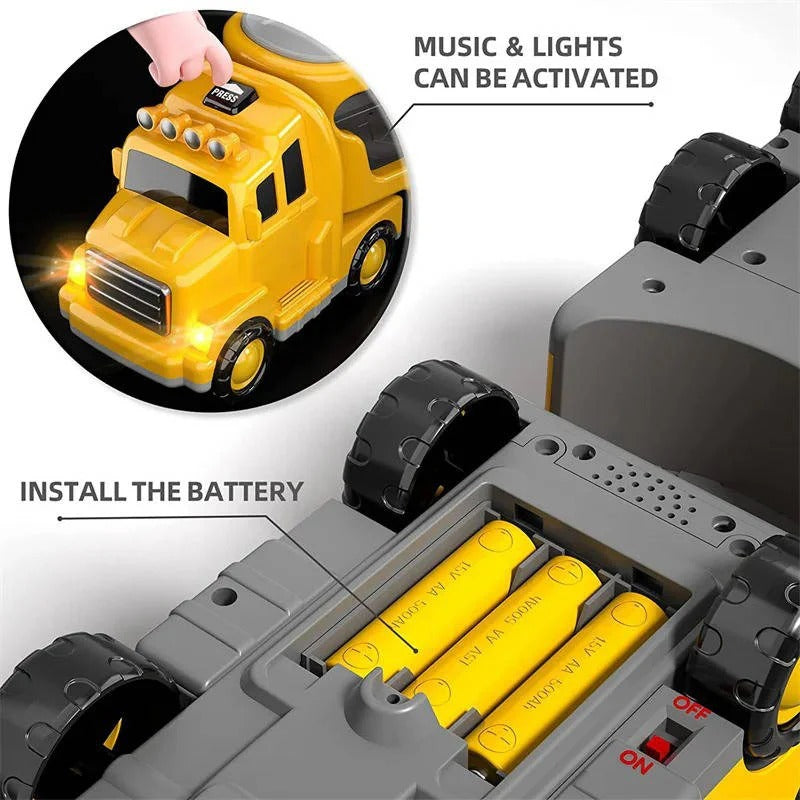 Friction Powered Construction Carrier with 4 Trucks and Lights, Foldable Ramp