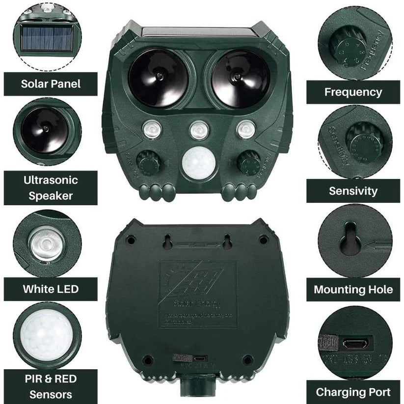 Motion Activated Ultrasonic Animal Deterrent with Solar Power and Flashing Lights for Gardens