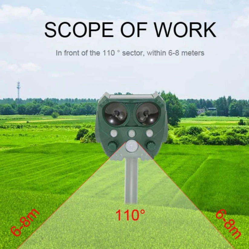 Motion Activated Ultrasonic Animal Deterrent with Solar Power and Flashing Lights for Gardens
