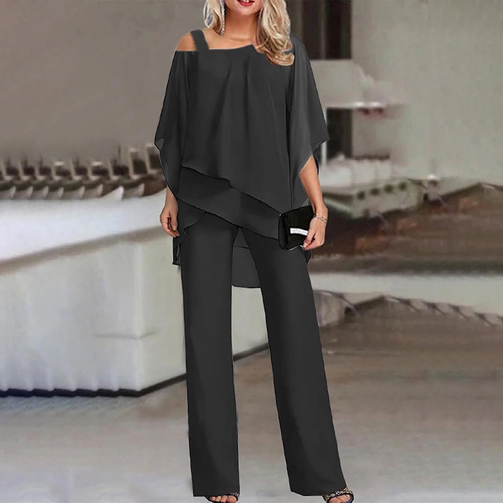 Women's Cold Shoulder Top and Long Trousers Set with Versatile Styling
