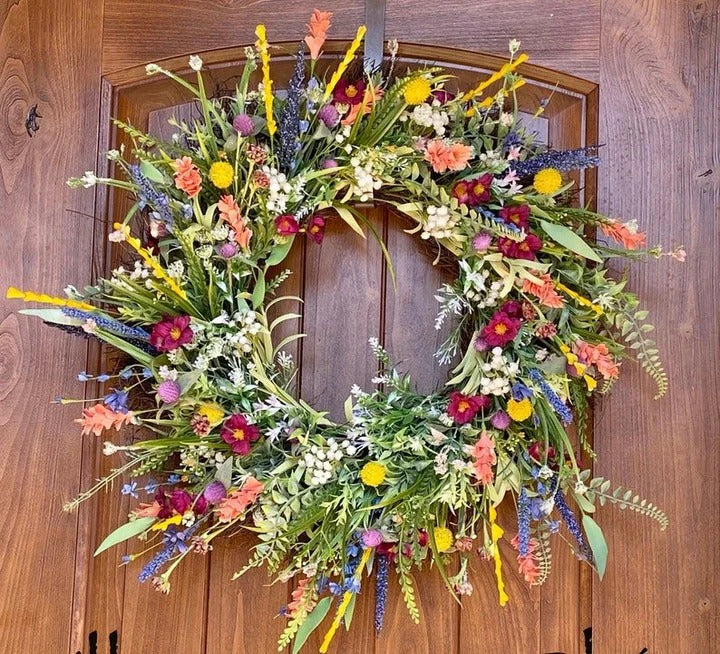 Handcrafted Silk Buttercup Wreath with Grapevine Base and Eucalyptus Foliage