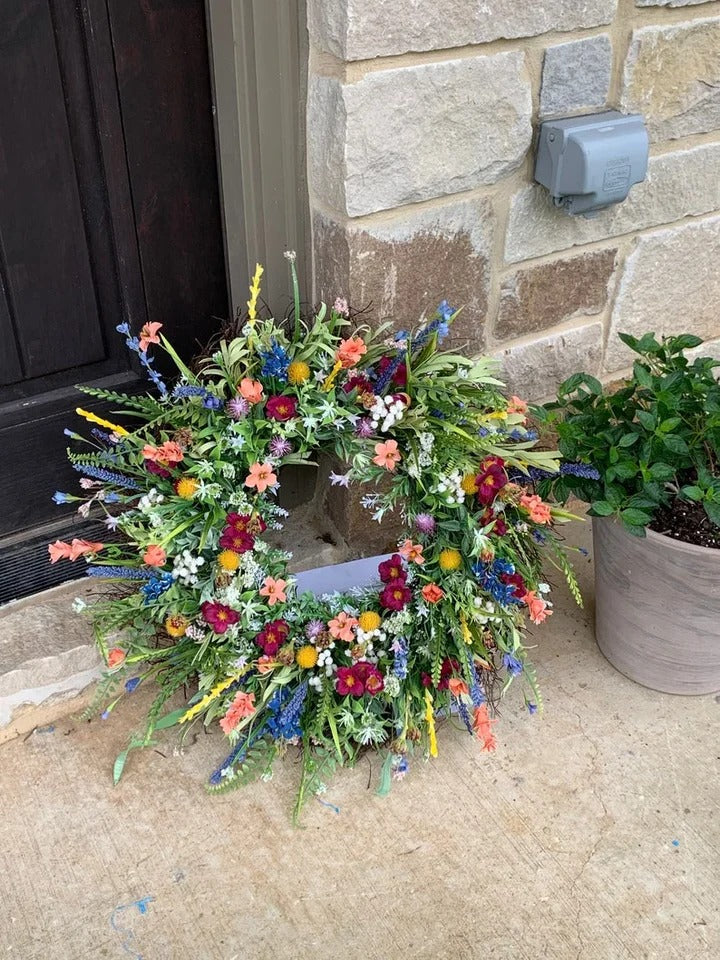 Handcrafted Silk Buttercup Wreath with Grapevine Base and Eucalyptus Foliage