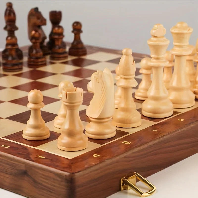 Chess Set with 34 Wood Pieces and 15.7in Board, Brown Finish